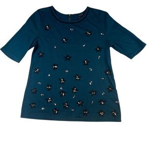 Ann Taylor Teal Short Sleeve Top S Floral Sequin Appliqué Back Zip (317)